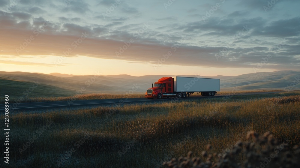 Fototapeta premium Red truck on highway sunrise, rural landscape, transport