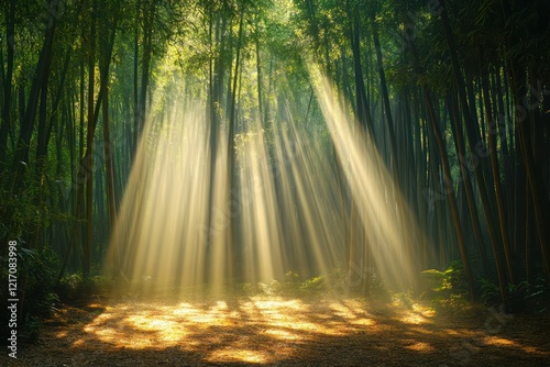 Sunlight streaming through a dense bamboo grove, casting long, dappled shadows on the forest floor