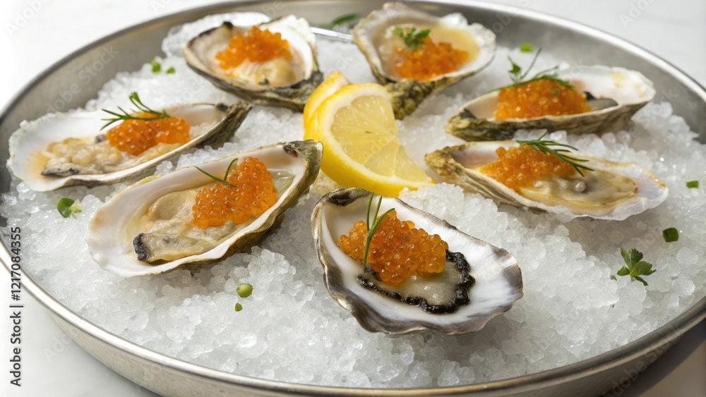 A platter of chilled oysters arranged artfully on a bed of snow-white crushed ice with a sprinkle of lemon-infused caviar, elegant presentation, crushed ice, garnish, fine dining, seafood A platter of chilled oysters arranged artfully on a bed of snow-white crushed ice with a sprinkle of lemon-infused caviar, elegant presentation, crushed ice, garnish, fine dining, seafood