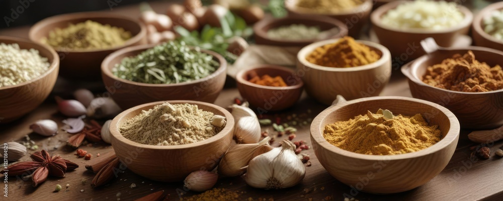 Group of wooden spice bowls filled with common spices like garlic powder, onion flakes, oregano leaves, and ground ginger, flavorful additions, dried herbs Group of wooden spice bowls filled with common spices like garlic powder, onion flakes, oregano leaves, and ground ginger, flavorful additions, dried herbs