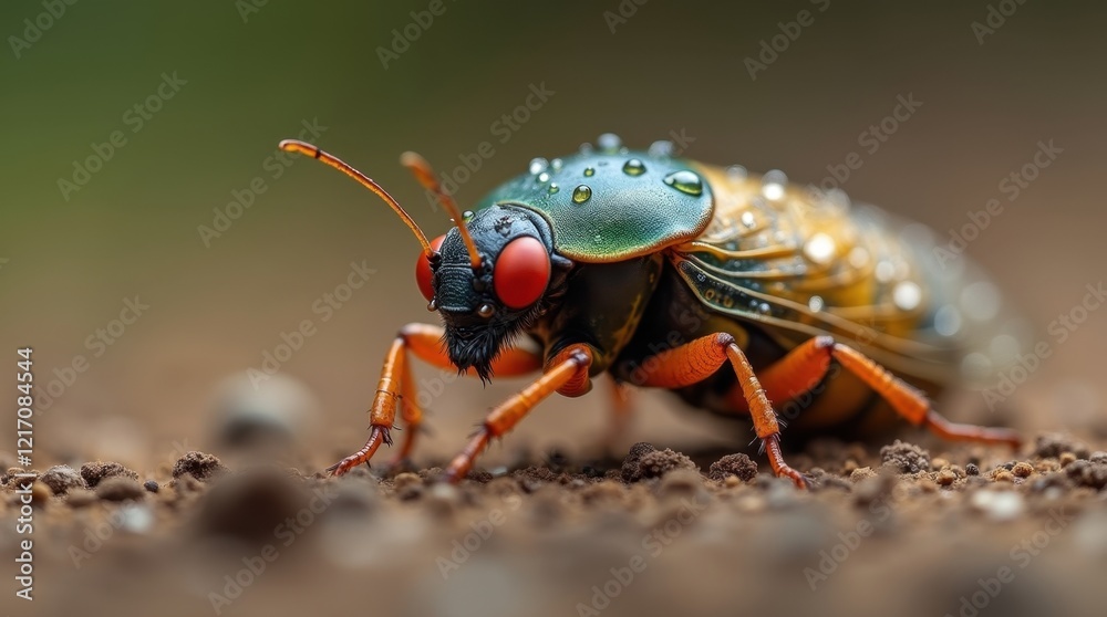 Fototapeta premium Close-up of a vibrant insect with striking red eyes and orange legs, showcasing intricate details and water droplets on its body.