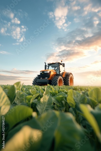 A low-angle view of an orange tractor in a lush green field under a clear blue sky, capturing the essence of speed and agricultural efficiency.