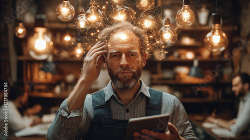 In a busy office atmosphere filled with colleagues, a middle-aged manager paces thoughtfully, holding a tablet and contemplating ideas. Struggling with stress and chaos, he searches for inspiration