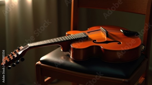 A richly toned archtop guitar rests on a wooden chair, bathed in warm, inviting light. The intricate details of the instrument are highlighted, creating a serene and musical atmosphere. photo