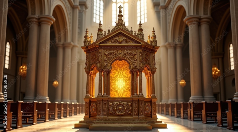Fototapeta premium Ornate golden altar glows in the sunlight streaming through a grand church's high windows. The intricate details create an awe-inspiring scene of peace and serenity.