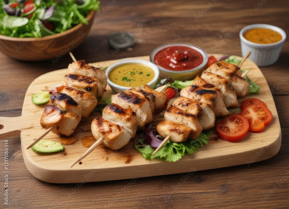 Grilled chicken skewer on a wooden plate with a side of salad bread and dipping sauces, meal, skewers, grilled chicken Grilled chicken skewer on a wooden plate with a side of salad bread and dipping sauces, meal, skewers, grilled chicken