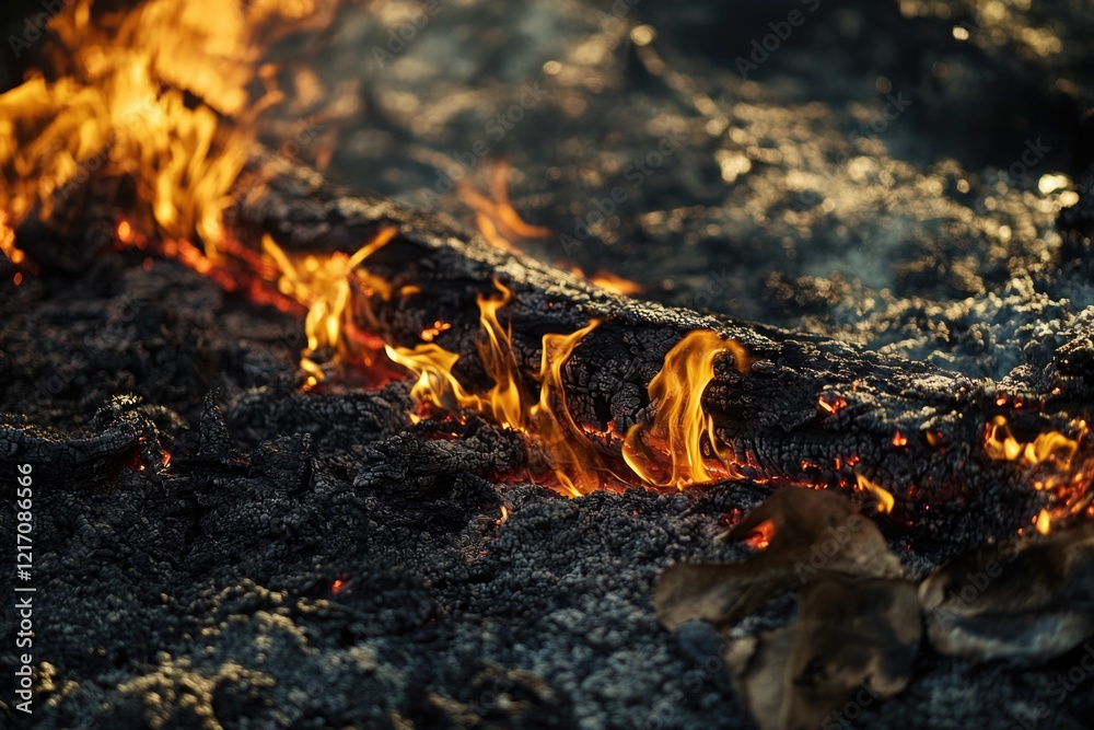 A close-up view of a fire burning in the ground, with flames and sparks visible A close-up view of a fire burning in the ground, with flames and sparks visible
