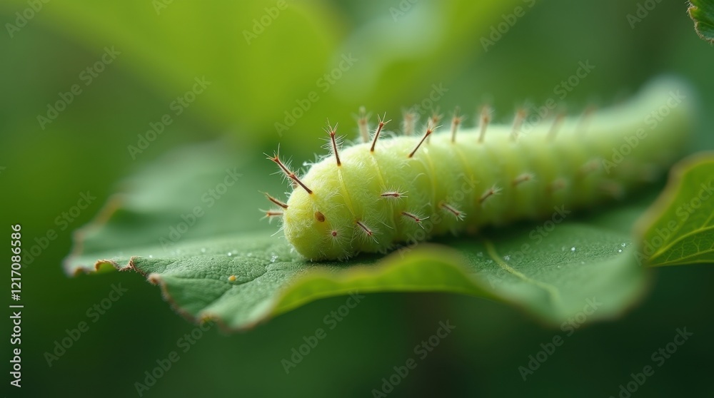 Naklejka premium A vibrant green caterpillar with tiny spines rests on a dew-kissed leaf, a tiny marvel of nature's intricate design.