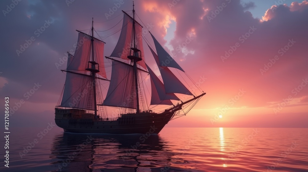 Fototapeta premium A majestic sailing ship glides across the ocean at sunset, its white sails catching the last rays of the sun. The sky is ablaze with vibrant hues of pink and orange, creating a breathtaking scene.