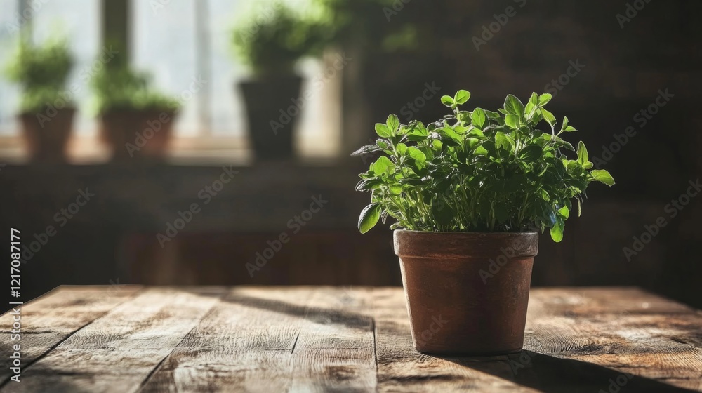 Fresh green herbs in a rustic pot on a wooden table with sunlight streaming through a window Fresh green herbs in a rustic pot on a wooden table with sunlight streaming through a window