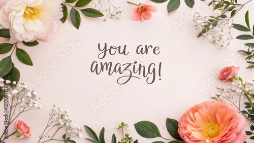 An illustration with the phrase “You are amazing!” and floral designs.