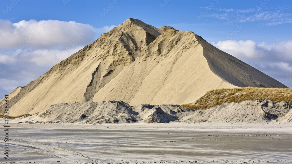 Fototapeta premium Coastal dune landscape, beach sand pile, sunny sky, environmental impact
