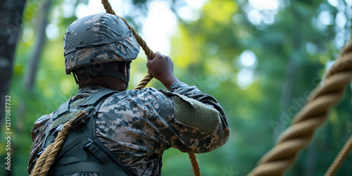 Soldier in Camouflage Uniform Gripping Rope photo