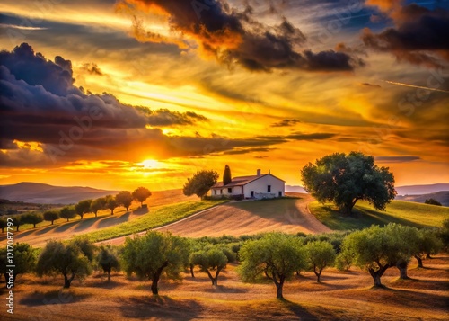 Silhouette of Spanish Farm at Sunset - Rural Andalusian Landscape