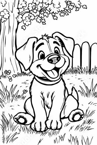 Coloring book page outline for kids. Printable and worksheet. Creative education concept. Dog sitting outoors in the garden. photo