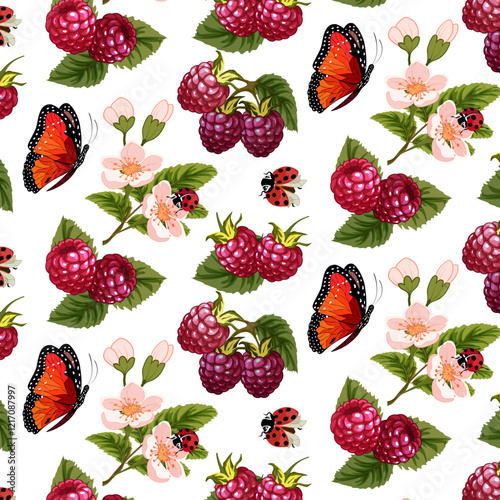 White background with berries and butterflies.Ripe raspberries, butterflies and ladybugs on a transparent background in a vector pattern.