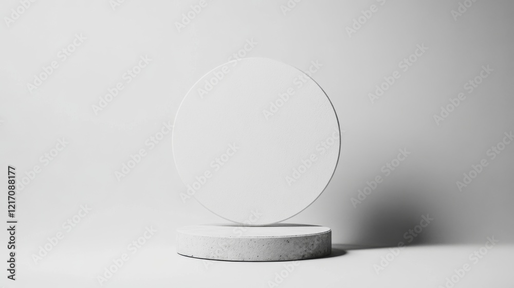 Minimalist display featuring a circular pedestal and floating disk in a serene, neutral setting