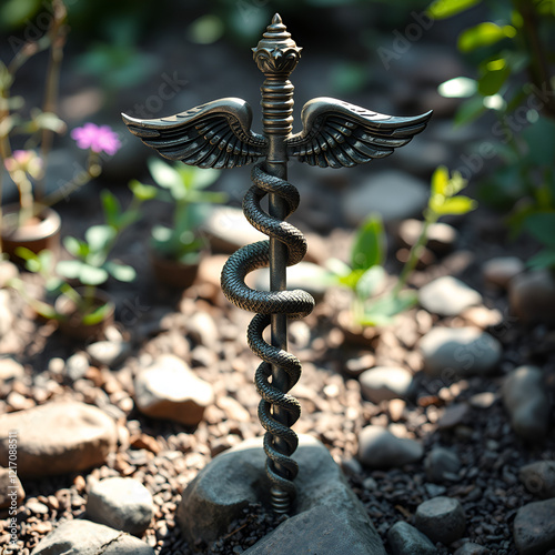 Serpent and Staff Caduceus Healing Garden Various Hermeticism, Greek Mythology Religion Spiritual Symbol photo