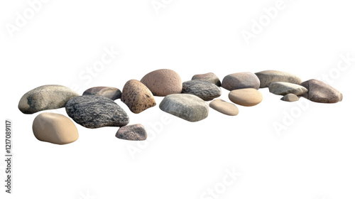 The image shows a diverse group of smooth river rocks arranged in a loose row against a black background. photo