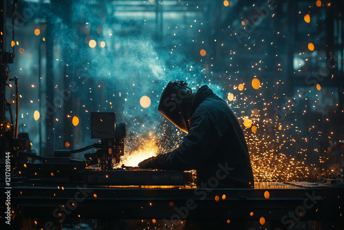 Worker in protective mask welding metal. Industrial welder grinding metal with sparks, iron steel work concept. Person in helmet and gloves doing welding job photo