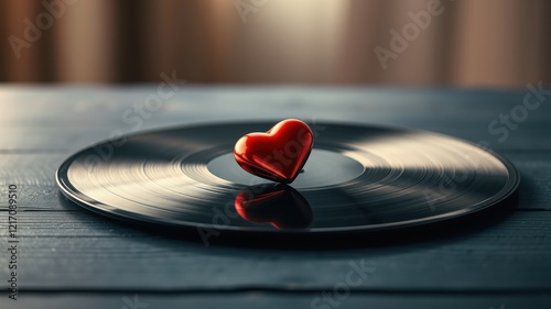 A shiny red heart rests gently on a vinyl record, symbolizing the enduring power of music and love. photo