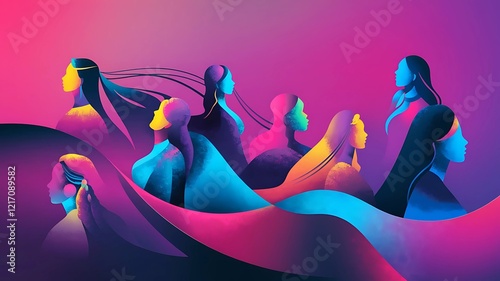 Dynamic illustration of feminine silhouettes with vibrant gradients, perfect for Women's Day themes. .