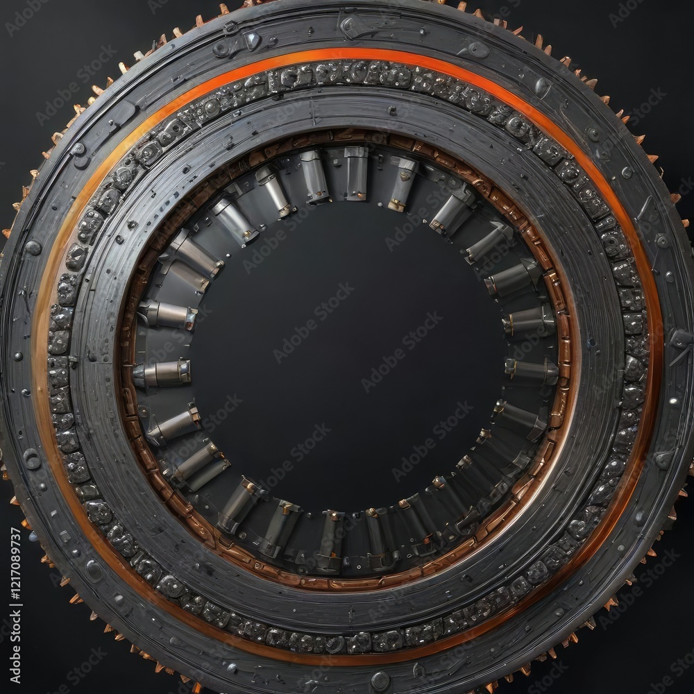 Fototapeta premium A metallic belt filled with metal projectiles in a circular pattern , ammo belt full of bullets isolated, projectile storage device, cylindrical container
