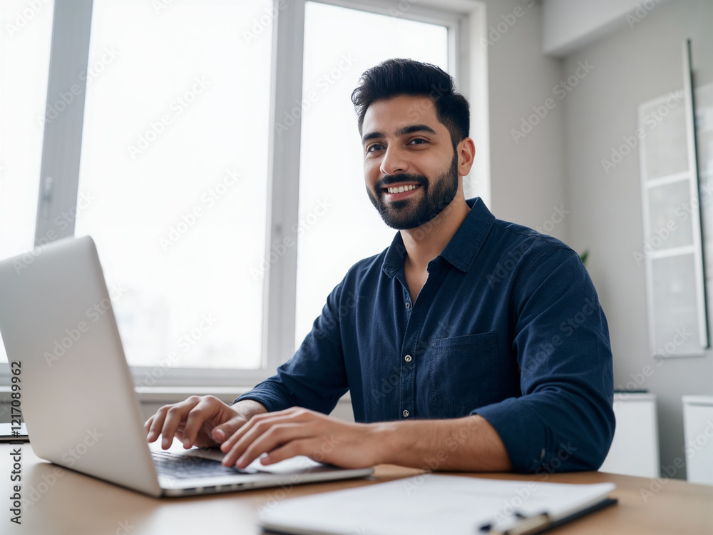 A smiling professional man working on a laptop in a bright, modern office environment, embodying productivity and a positive workplace atmosphere. A smiling professional man working on a laptop in a bright, modern office environment, embodying productivity and a positive workplace atmosphere.