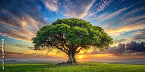 A majestic, ancient tree with a unique heart-shaped trunk and branches stretching towards the sky , landscape, outdoor,  landscape