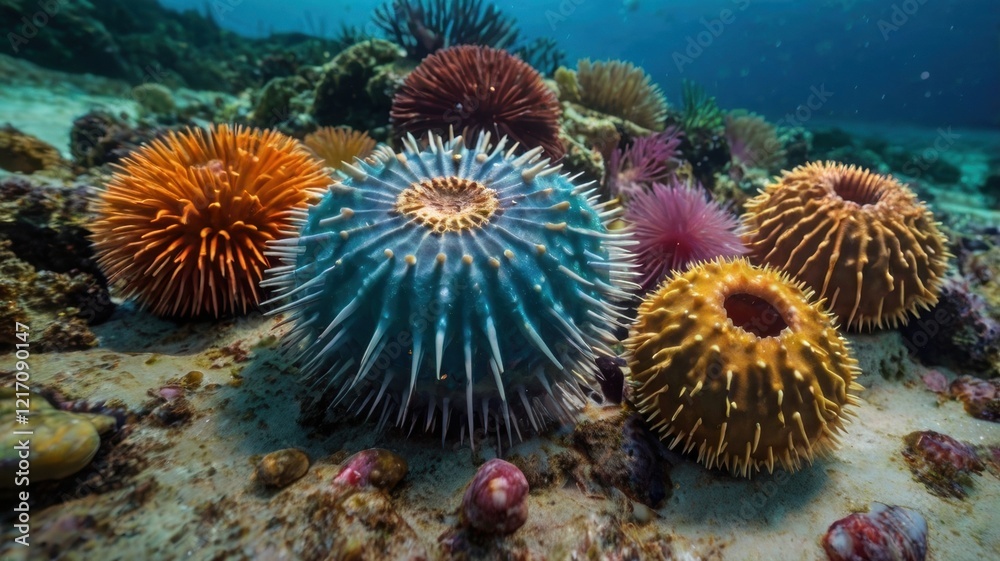 Exploring the Vibrant Underwater World: A Close-Up of a Spiny Sea Star Amongst Colorful Coral Reefs in Rich Marine Exploring the Vibrant Underwater World: A Close-Up of a Spiny Sea Star Amongst Colorful Coral Reefs in Rich Marine