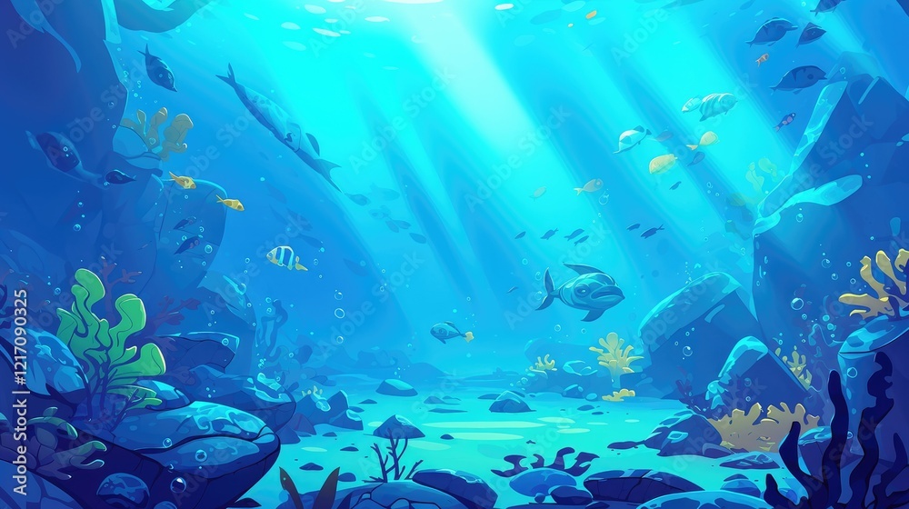 Fototapeta premium A vibrant underwater scene showcasing marine life and coral formations.