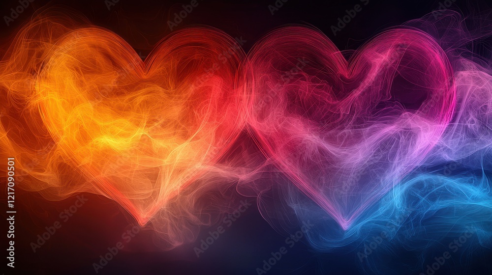 Obraz premium Abstract Digital Art of Two Hearts Merging into One with Colorful Smoke Effects