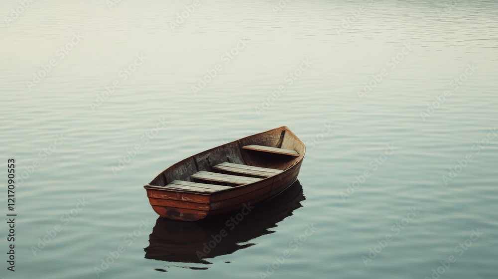 Serene wooden boat floating on calm water at dusk, surrounded by tranquil nature Serene wooden boat floating on calm water at dusk, surrounded by tranquil nature