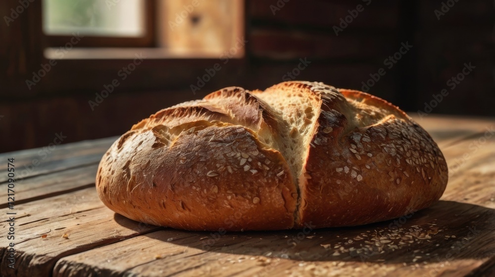 Freshly Baked Artisan Bread Sitting on a Rustic Wooden Table, Capturing the Warmth and Aroma of Homemade Baking in a Cozy Kitchen Freshly Baked Artisan Bread Sitting on a Rustic Wooden Table, Capturing the Warmth and Aroma of Homemade Baking in a Cozy Kitchen