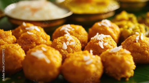 A plate of fried food served on a traditional banana leaf, great for cultural or travel themed designs photo