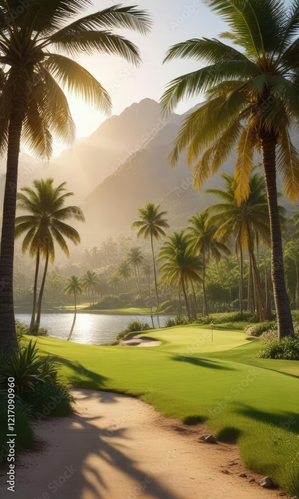Fototapeta premium Golden sunlight filters through the leaves of swaying palm trees on a picturesque golf course, with lush green fairways and a distant snow-capped mountain , landscape, natural-light, idyllic-scene