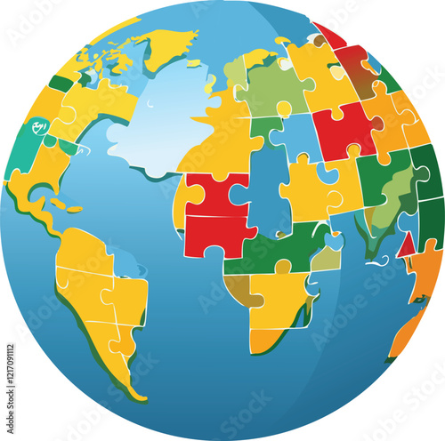  Vector illustration of a globe with puzzle pieces representing different countries, with some pieces missing, symbolizing the need for global cooperation on environmental issues
