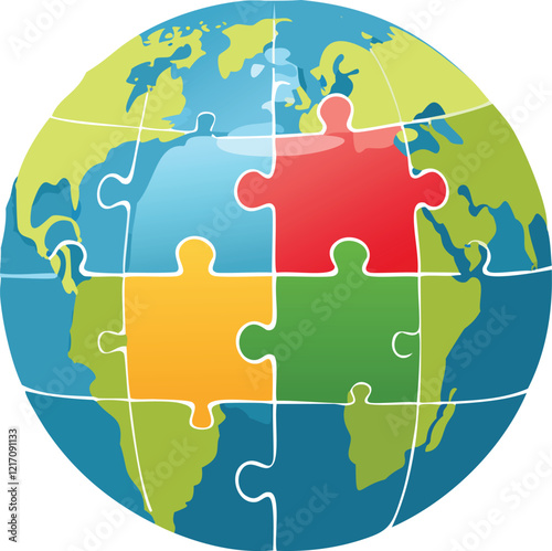  Vector illustration of a globe with puzzle pieces representing different countries, with some pieces missing, symbolizing the need for global cooperation on environmental issues