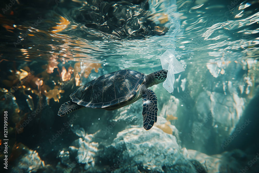 Fototapeta premium Turtle eat plastic in ocean. Sea animal swallow garbage, marine wildlife threatened by pollution and plastic waste