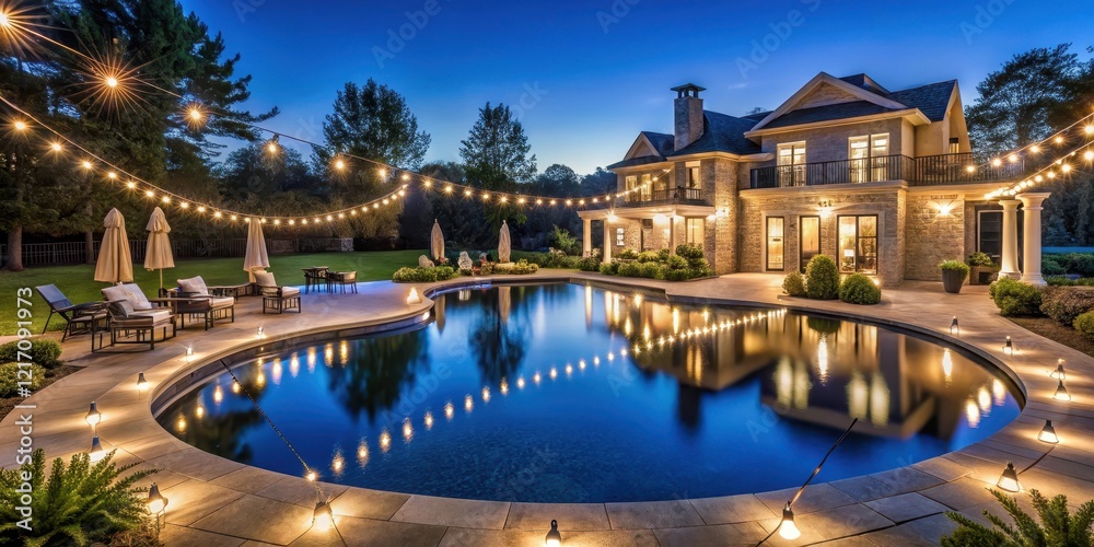 Fototapeta premium A grand estate with a large pool and water feature illuminated by string lights and solar-powered lanterns , ambiance