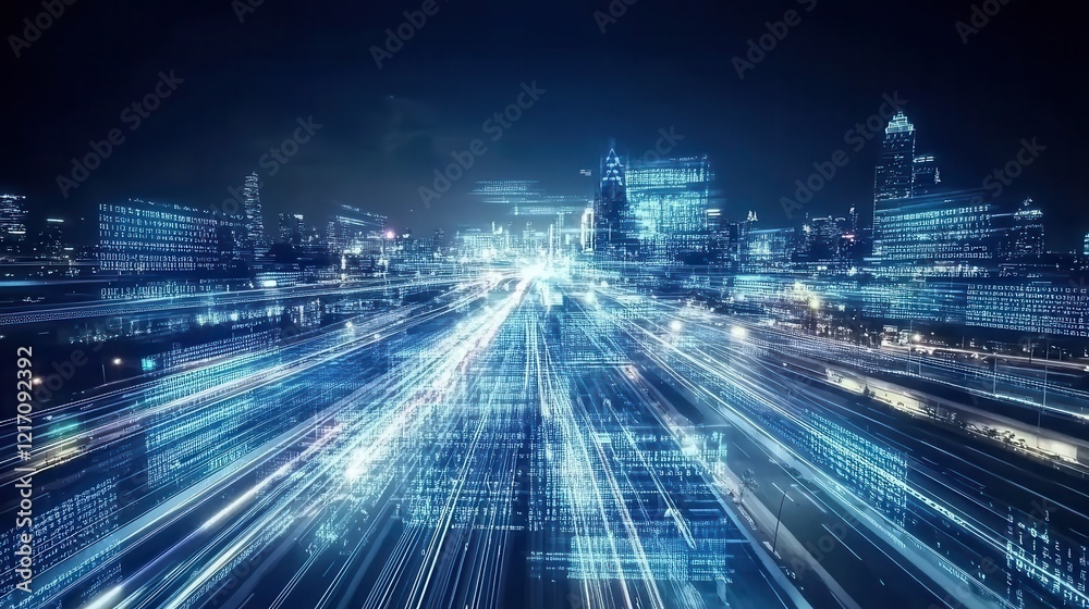 Fototapeta premium Futuristic Cityscape with Data Streams Flowing Through Streets