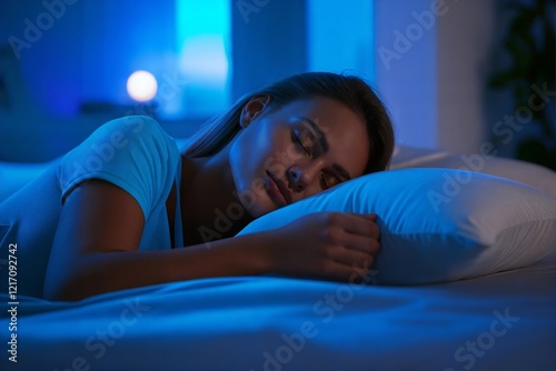 Peaceful Woman Sleeping Comfortably in Cozy Bed at Night with Gentle Moonlight