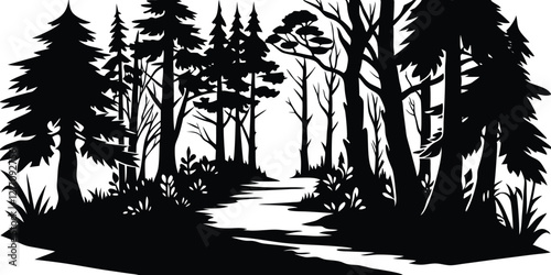 A forest with trees and a white background with a black and white background