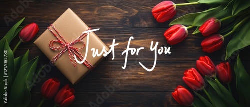 Just for You  Overhead view of a simple brown gift box tied with red and white string and surrounded by red tulips on a dark wooden table Perfect for Valentines Day, Mothers Day, or any special occasi photo