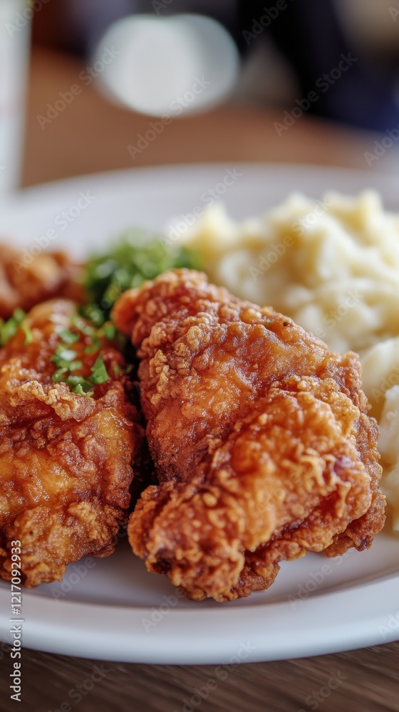Fried chicken with mashed potatoes on the table. Fried chicken with mashed potatoes on the table.