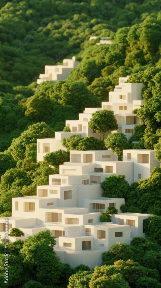 Fototapeta premium A city with modern, white cubic buildings integrated into lush green hills, illustrating a harmonious blend of architecture and nature.