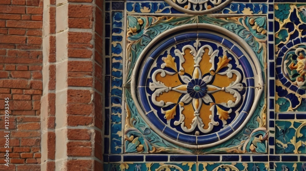 Intricate Ceramic Mosaic Art Featuring Floral Patterns and Vibrant Colors, Showcasing Exquisite Craftsmanship in Architectural Intricate Ceramic Mosaic Art Featuring Floral Patterns and Vibrant Colors, Showcasing Exquisite Craftsmanship in Architectural