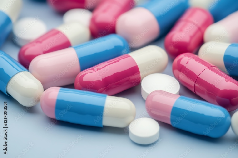 Colorful capsules and tablets scattered on a blue background in a health-related context Colorful capsules and tablets scattered on a blue background in a health-related context