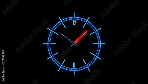A digital illustration of a circular clock, portrayed with a network of glowing clean pristine blue lines outlining its anatomy. The image is set against a dark background
