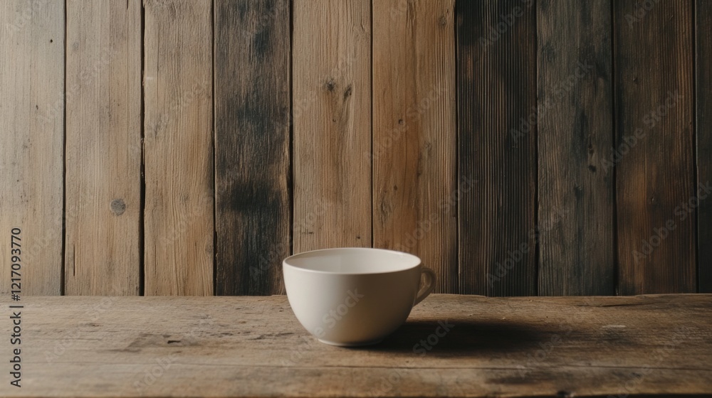 White ceramic cup placed on rustic wooden table against a textured wooden wall backdrop